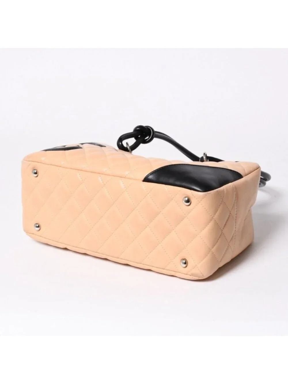 Chanel Cambon Line Bowling Bag Lambskin Beige Black CC Logo Silver